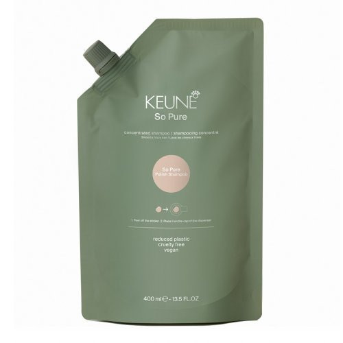 Keune So Pure Polish Shampoo Refill Šampūno papildymas, suteikiantis plaukams glotnumo ir blizgesio, 400ml