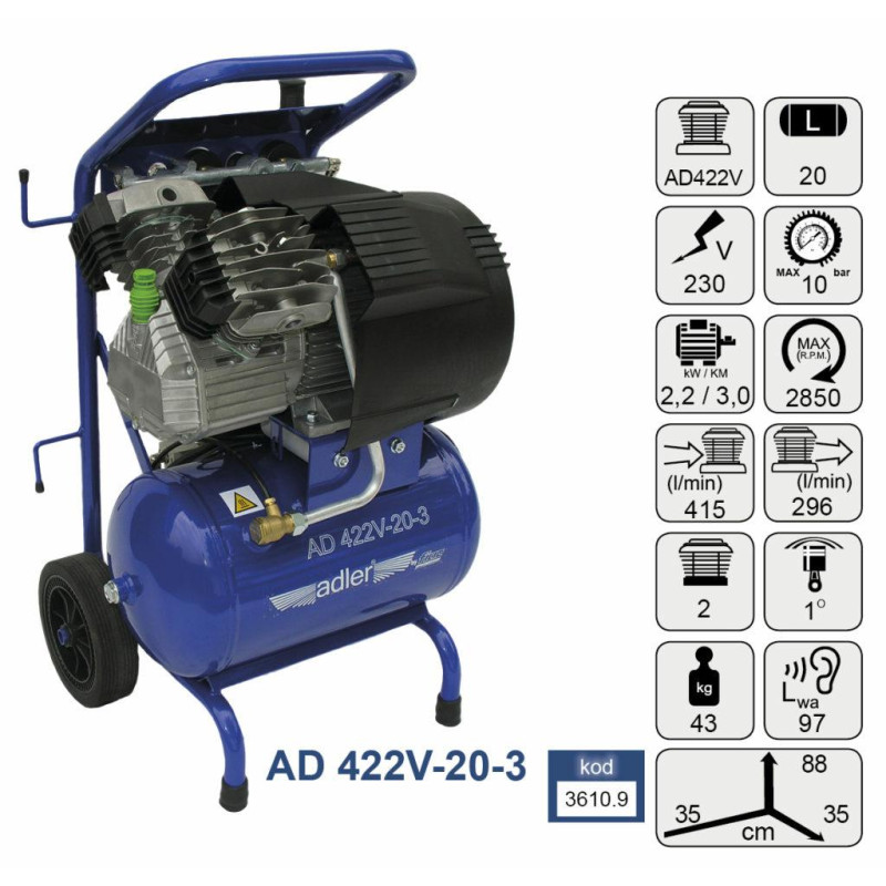 3610,9 KOMPRESORIUS ADLER DVIEJŲ CILINDRŲ. AD422V-20-3 VIENPAKOPIS