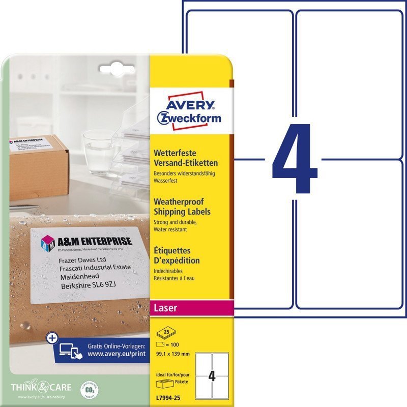 Avery Zweckform Avery Zweckform labels 99.1mm x 139mm, A4, white, 1 label, waterproof