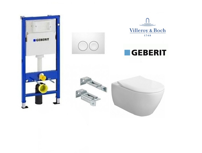 Komplektas 4 in1 Geberit DuoFix Basic potinkinis WC rėmas su baltu nuleidimo mygtuku Delta 20p ir pakabinamu klozetu V&B Subway 2.0 DirectFlush lėtaeigiu su dangčiu