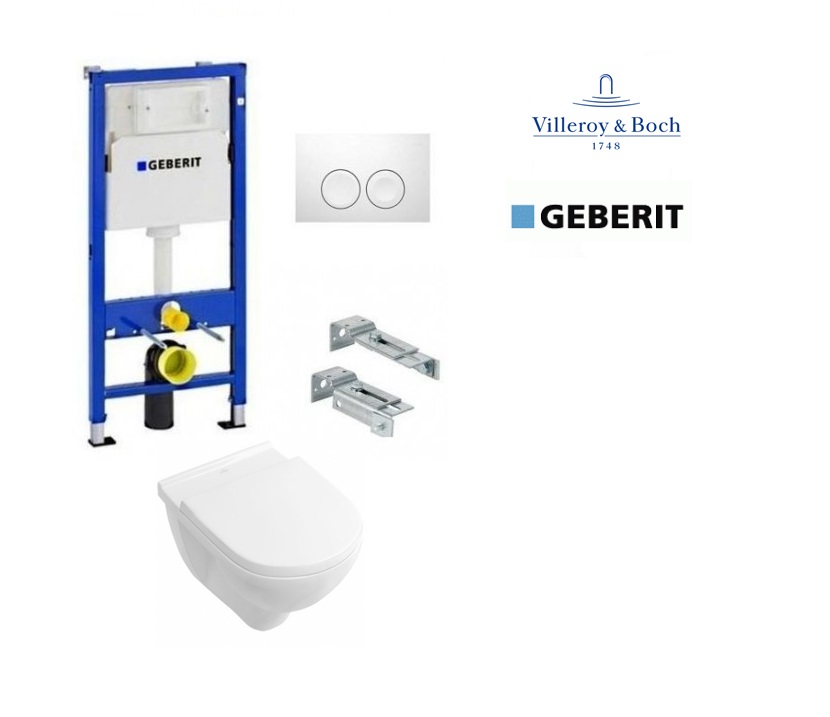 Komplektas 4 in1 Geberit DuoFix Basic potinkinis WC rėmas su baltu klavišu Delta 20 ir Villeroy&Bosch O.Novo Rimless klozetas su lėtaegiu dangčiu