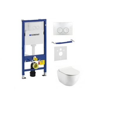 Komplektas 4 in1 Geberit DuoFix Basic potinkinis WC rėmas su baltu nuleidimo mygtuku Delta 20 , Alice Cermica Unica Rimless klozetu ir lėtaegiu dangčiu