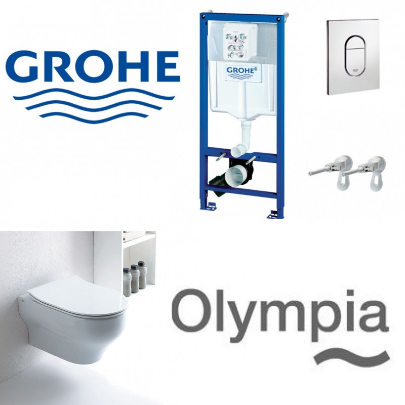 Grohe 4 in 1 potinkinis rėmas su Olympia Clear pakabinamu klozetu ir lėtaeigiu dangčiu