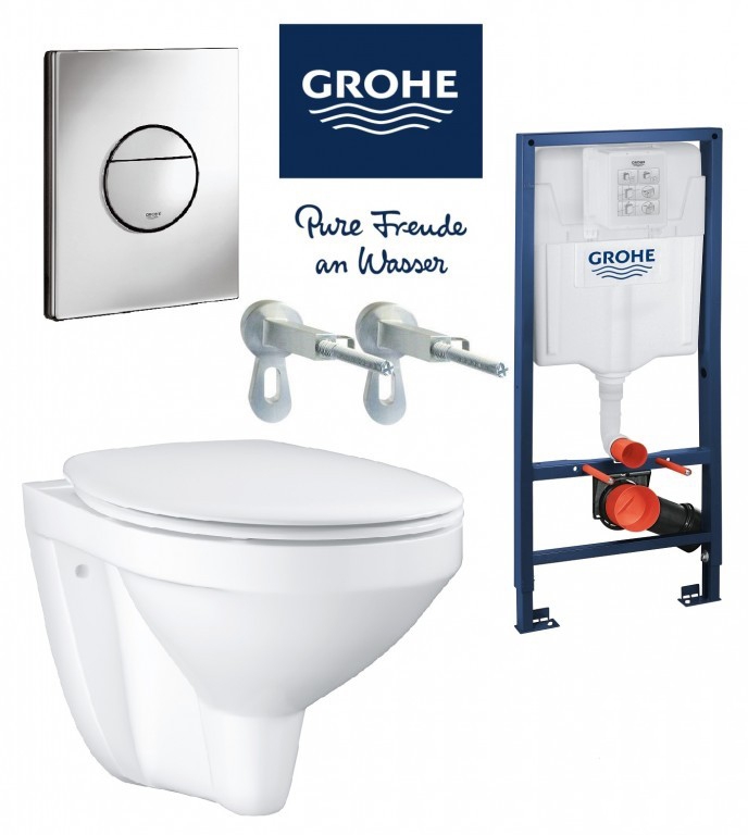 Komplektas 4 in1 Grohe rėmas + mygtukas Nova Cosmo chromas, Grohe Bau klozetas su lėtaigiu dangčiu