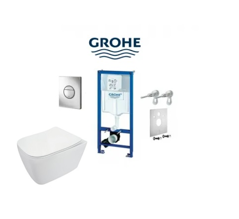 WC Komplektas 5n1 Grohe rėmas + Cosmo Nova mygtukas ir Deante Hiacynt Rimless pakabinamas klozetas su lėtaeigiu dangčiu