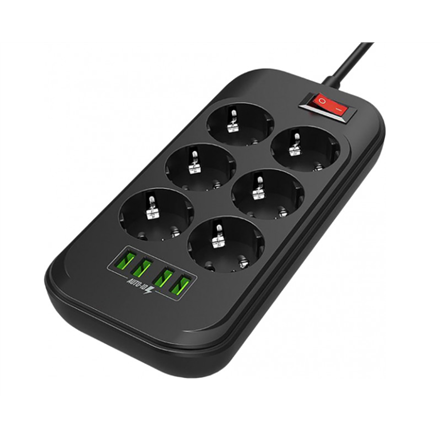 Ilgiklis ColorWay Power Socket CW-CHE64B Black, 4xUSB, 2 m, 250 V, 6 euro sockets, 17 W