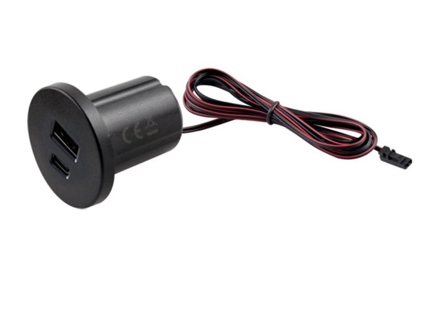 Įleidžiamas USB kroviklis, baldinis, su 12Vdc įėj. USB-A + USB-C, 2.1A