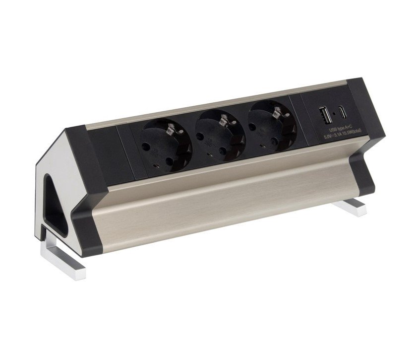 Ilgiklis montuojamas ant plokštės krašto DESKBOX, 3x Schuko, 1x USB A, 1x USB-C su 1