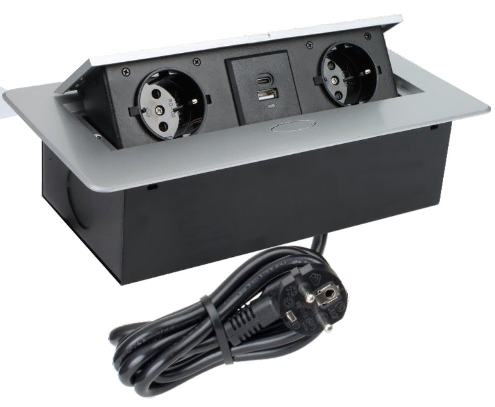 Ilgiklis montuojamas balde KOMBI BOX, 2x Schuko, 1x USB, 1x USB-C, su pilku rėmeliu, 3m laidas