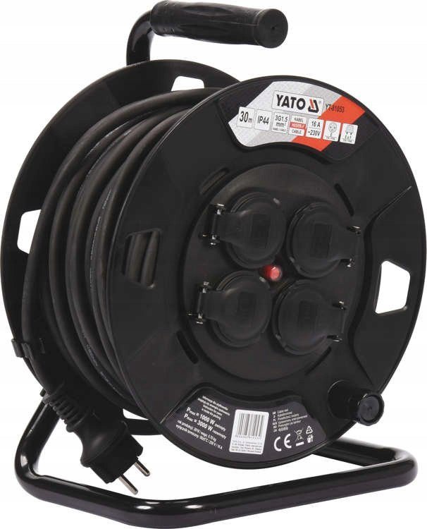 Kabelių būgnas YATO YT-81053 30m IP44 3x 1,5 mm² 4 lizdai Juoda