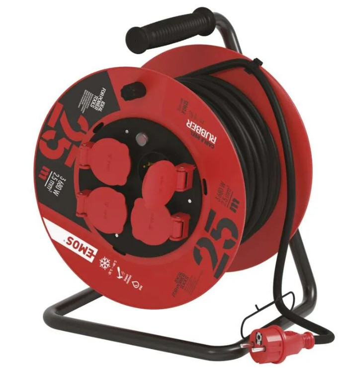 Ilgiklis - ritė 4 lizdų 25m su įžeminimu, 2.5mm², 16A, 3680W, kabelis su gumine izoliacija H05RR-F3G, IP44