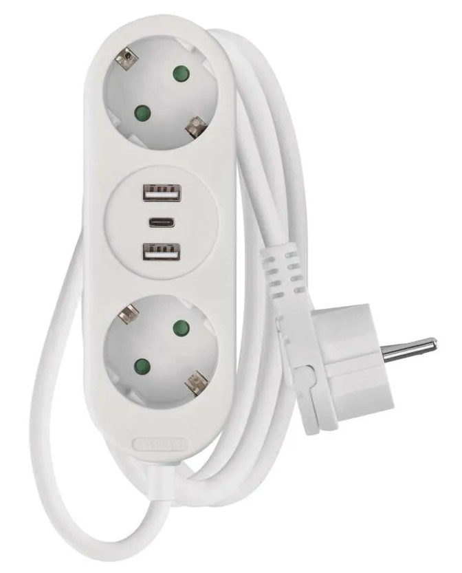 Ilgiklis 2 lizdų 1.4m, 2x USB + 1x USB-C (max galia 17W) 3x1.5 mm² baltas EMOS