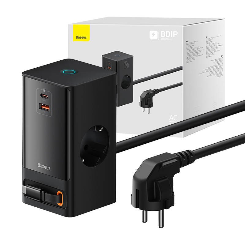 Ilgiklis 2 AC lizdai, 1.5m ilgio, su USB krovikliu (max 65W, USB A, USB C lizdai