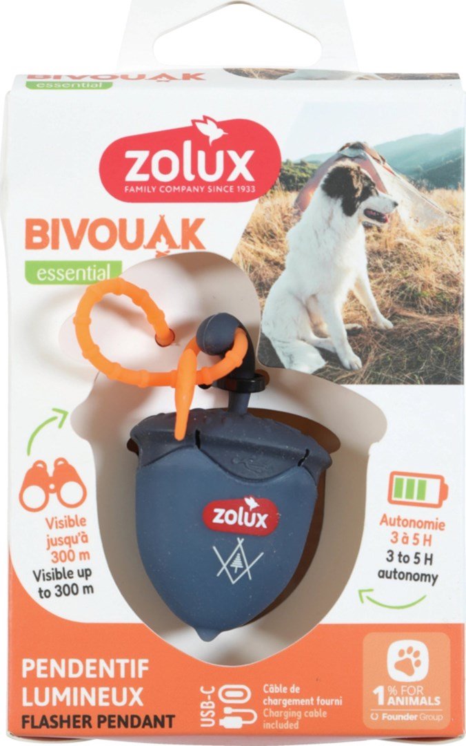 ZOLUX BIVOUAK Šviečiantis apykaklės pakabukas Riešutas LED USB mėlynas - šuns žyma - 6x4x3 cm