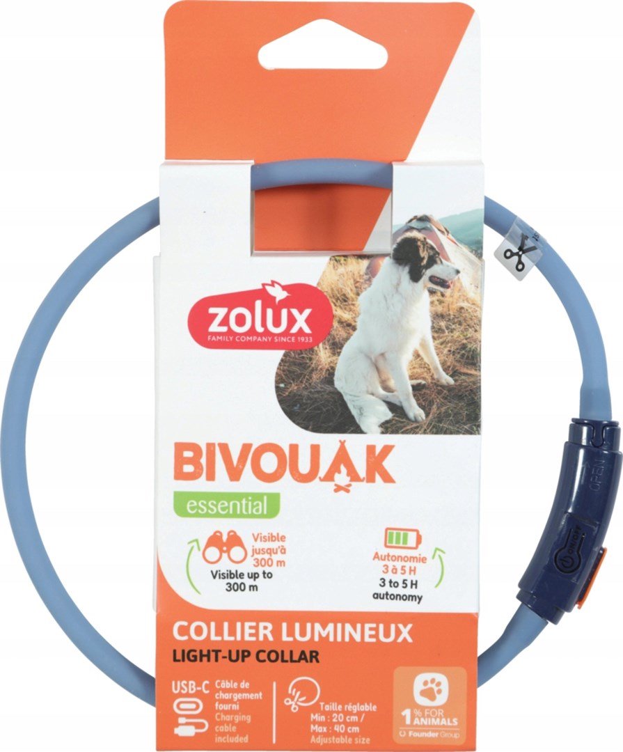 ZOLUX BIVOUAK LED Silikoninis mėlynas antkaklis šuniukams ir mažiems šunims - 20-40 cm