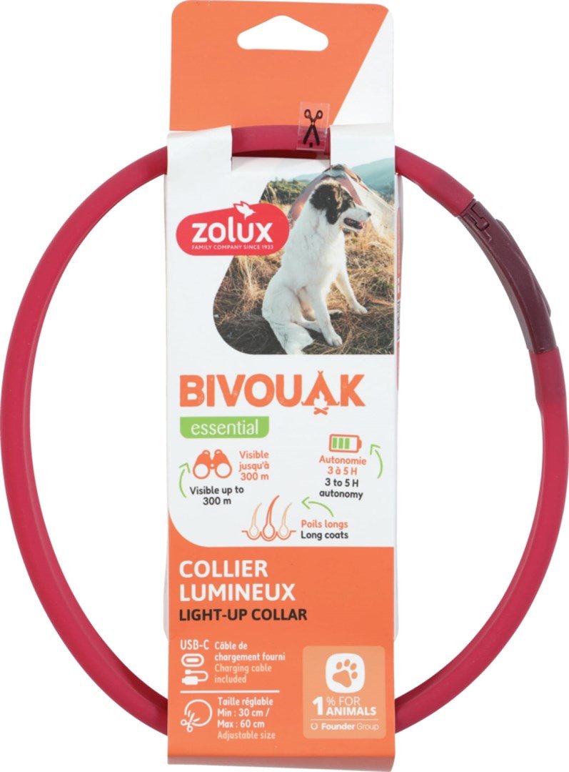 ZOLUX BIVOUAK LED Silikoninis raudonas - antkaklis šuniui - 30-60 cm