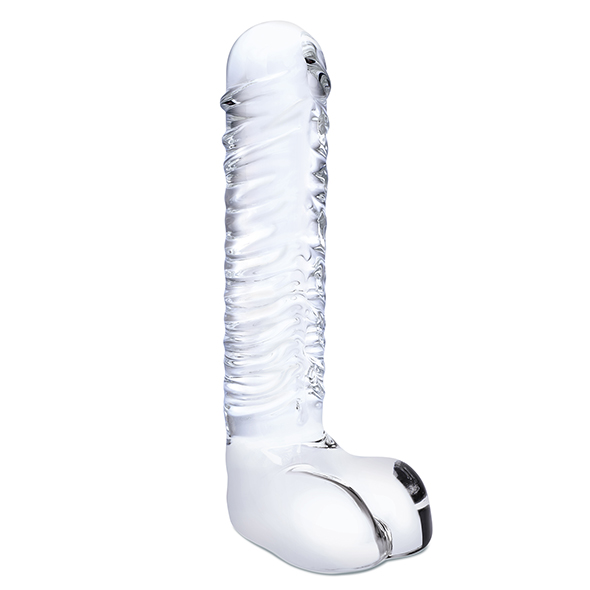 Glas - realistinis briaunotas stiklo G taško dildo su sėklidėmis