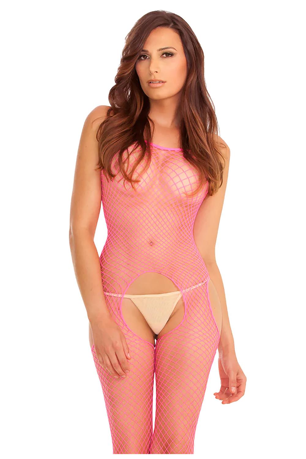 INDUSTRIAL NET SUSPENDER BODYSTOCKING PINK, OS