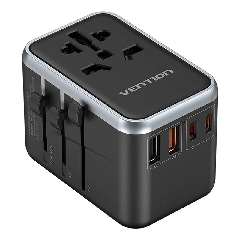 Universalus 65 W kelioninis adapteris Vention FJFB0 GaN 2xUSB-C 2xUSB-A (juodas)