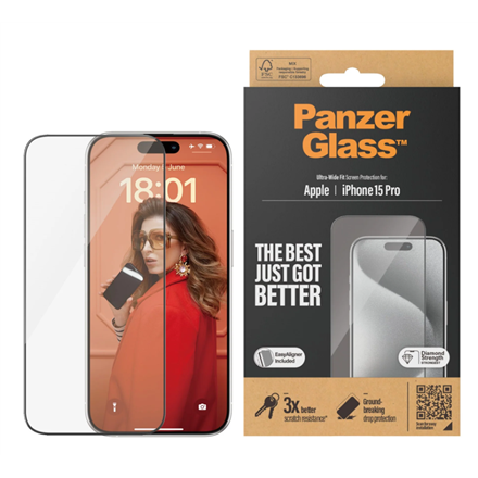 PanzerGlass | Screen protector | Apple | iPhone 15 Pro | Glass | Clear | Easy installation; Fingerprint resistant; Anti-yellowing | Ultra-Wide Fit|2810