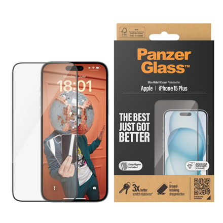 PanzerGlass | Screen protector | Apple | IPhone 15 Plus | Glass | Transparent | Ultra-wide fit, Scratch resistant, Drop protection, EasyAligner included|2811