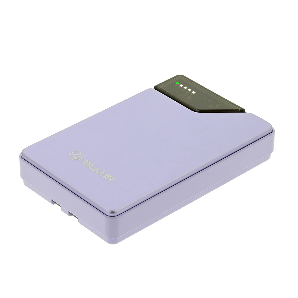 Tellur Power Bank 10000mAh, USB-C + Lightning cables built-in  purple