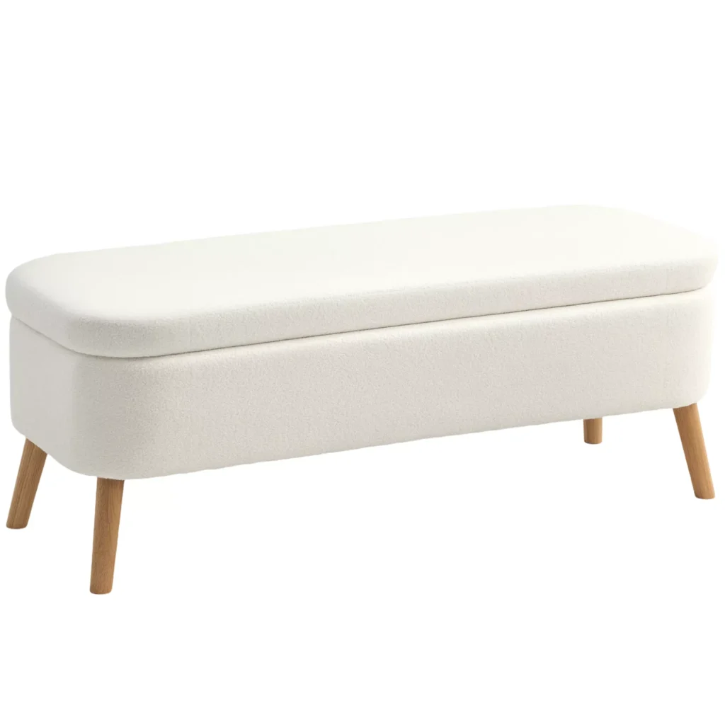 HOMCOM pufas, sėdimasis pufas su 65 L talpa, atrama kojoms, fliso audinys, kaučiuko mediena, putplastis, 120 x 42 x 45 cm, kreminės baltos spalvos