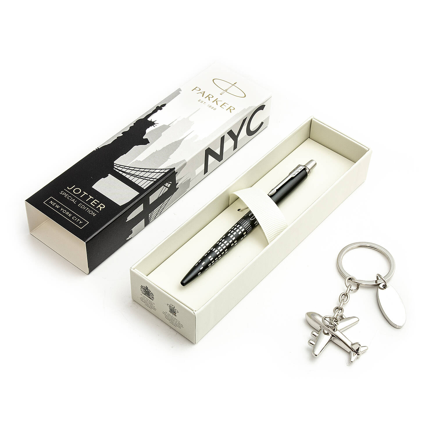 Parker Jotter Global Icons New York Tušinukas su raktų pakabuku lėktuvas su graviravimu