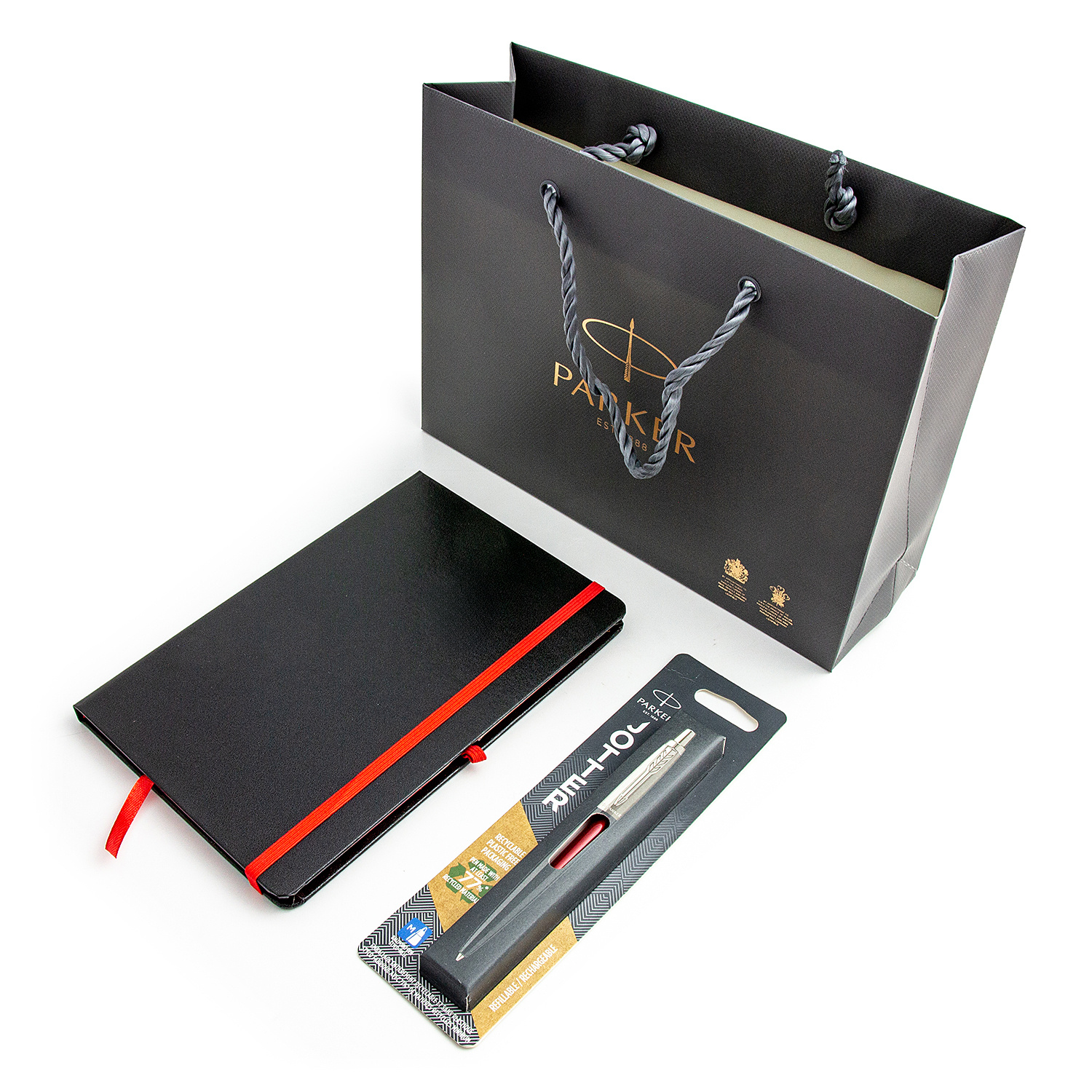 Rašiklis Parker Jotter Kensington Red su A5 užrašų knygele ir dovanų maišeliu