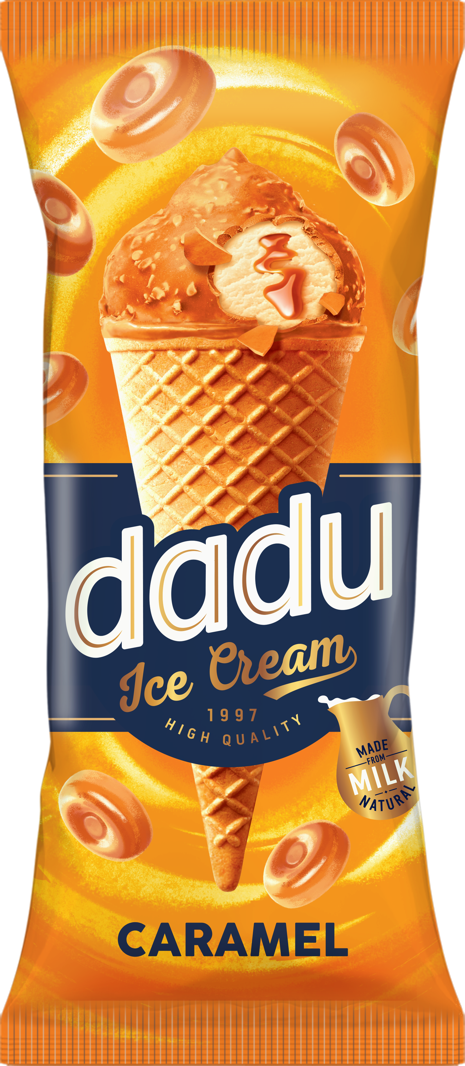 Ledai DADU vafliniame ragelyje, karam. sk. su karam. glaistu ir vafl. traškučiais, 150 ml