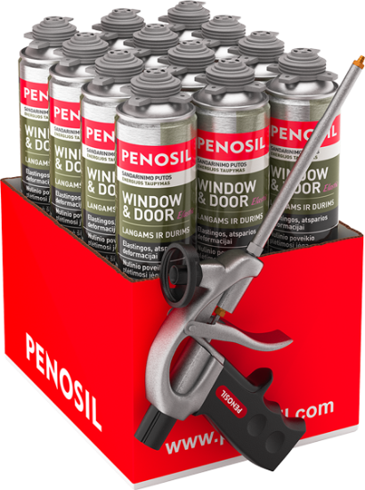 Pistoletinės sandarinimo putos PENOSIL WINDOW & DOOR ELASTIC, 750 ml, 12 vnt + putų pistoletas C1