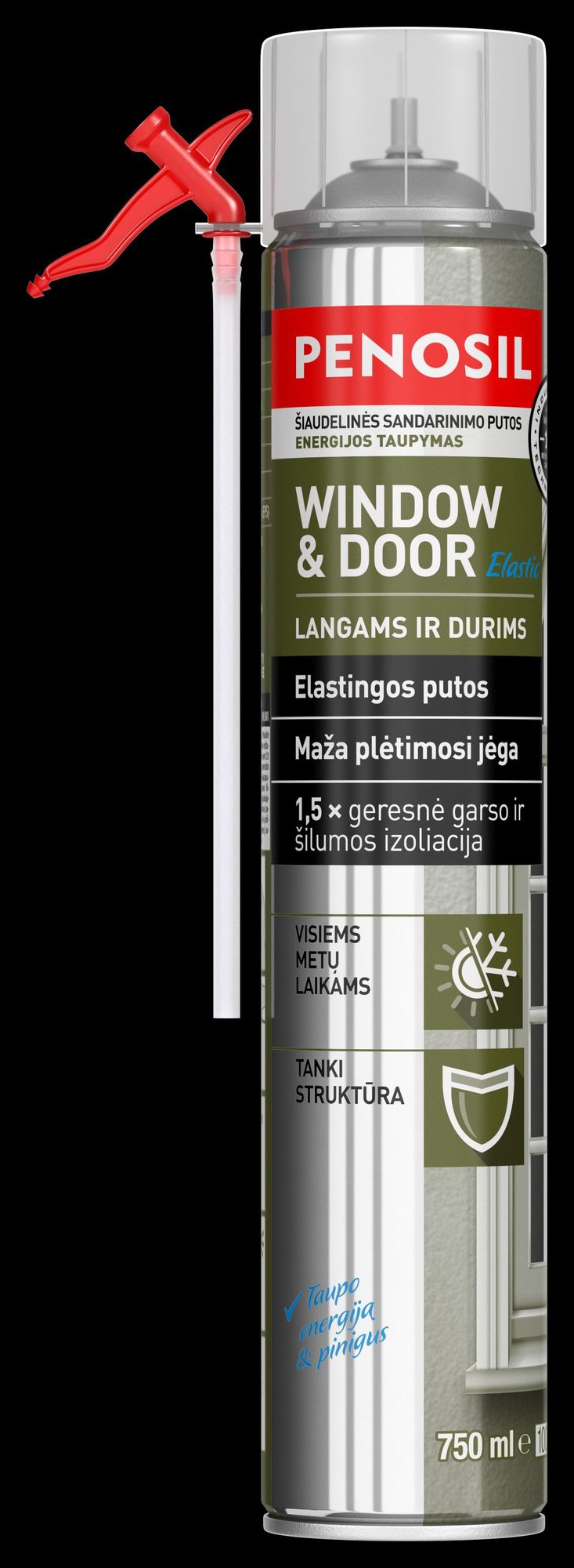 Langų ir durų šiaudelinės sandarinimo putos PENOSIL WINDOW & DOOR ELASTIC, žalios sp., 750 ml