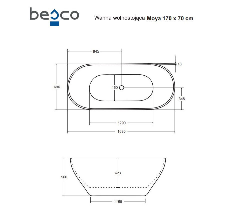 Vonia Besco Moya Matt Black&White 170, su Klik-klak Black valomu iš viršaus