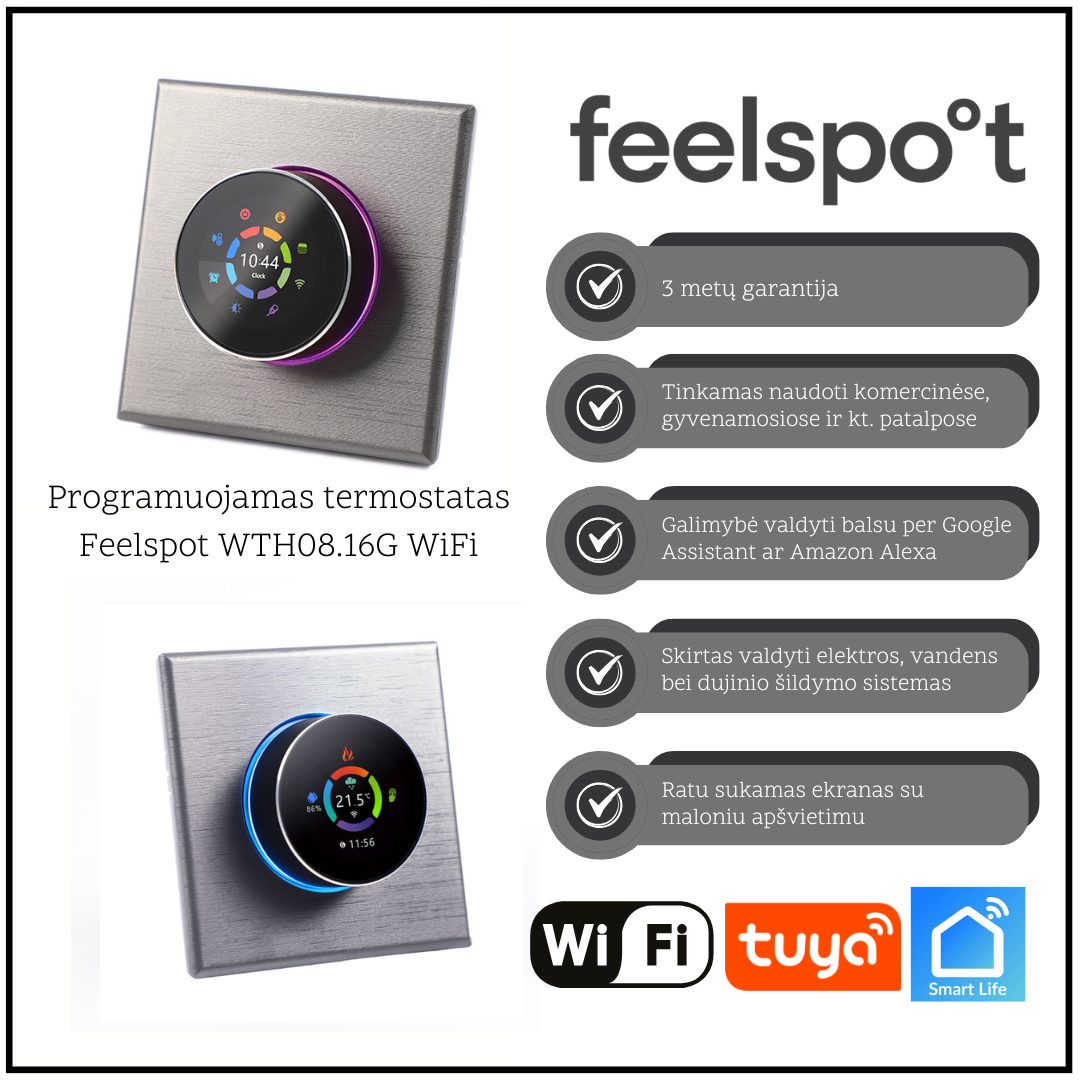 Programuojamas termostatas Feelspot WTH08.16B WiFi, pilkas