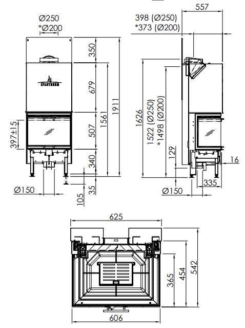 Plieninis židinio ugniakuras Spartherm ARTE 3RL-60h-4S Standart, d. 250mm