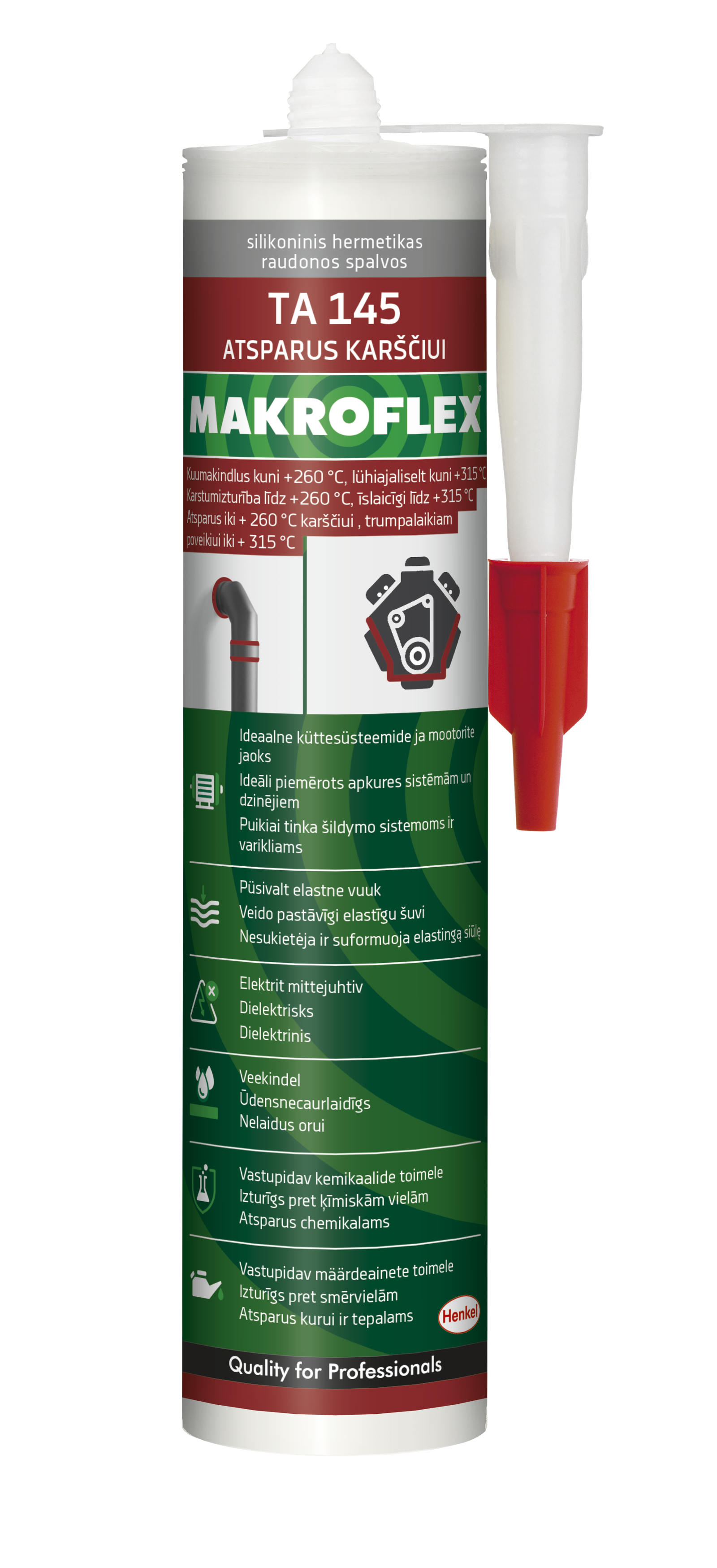 Šilumai atsparus silikoninis hermetikas MAKROFLEX TA 145, raudonos sp., 300 ml