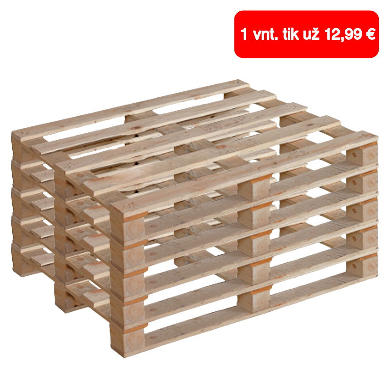 Naujas, vienkartinis, plonų lentų, šviesus medinis 1000x1200 mm padėklas, apkrova iki 700 kg, 5vnt.