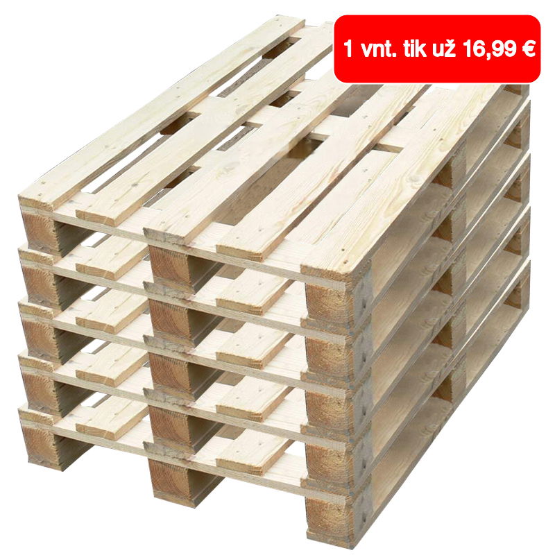 Naujas, vienkartinis, storų lentų, šviesus medinis 800x1200 mm padėklas, apkrova iki 1200 kg, 5vnt.