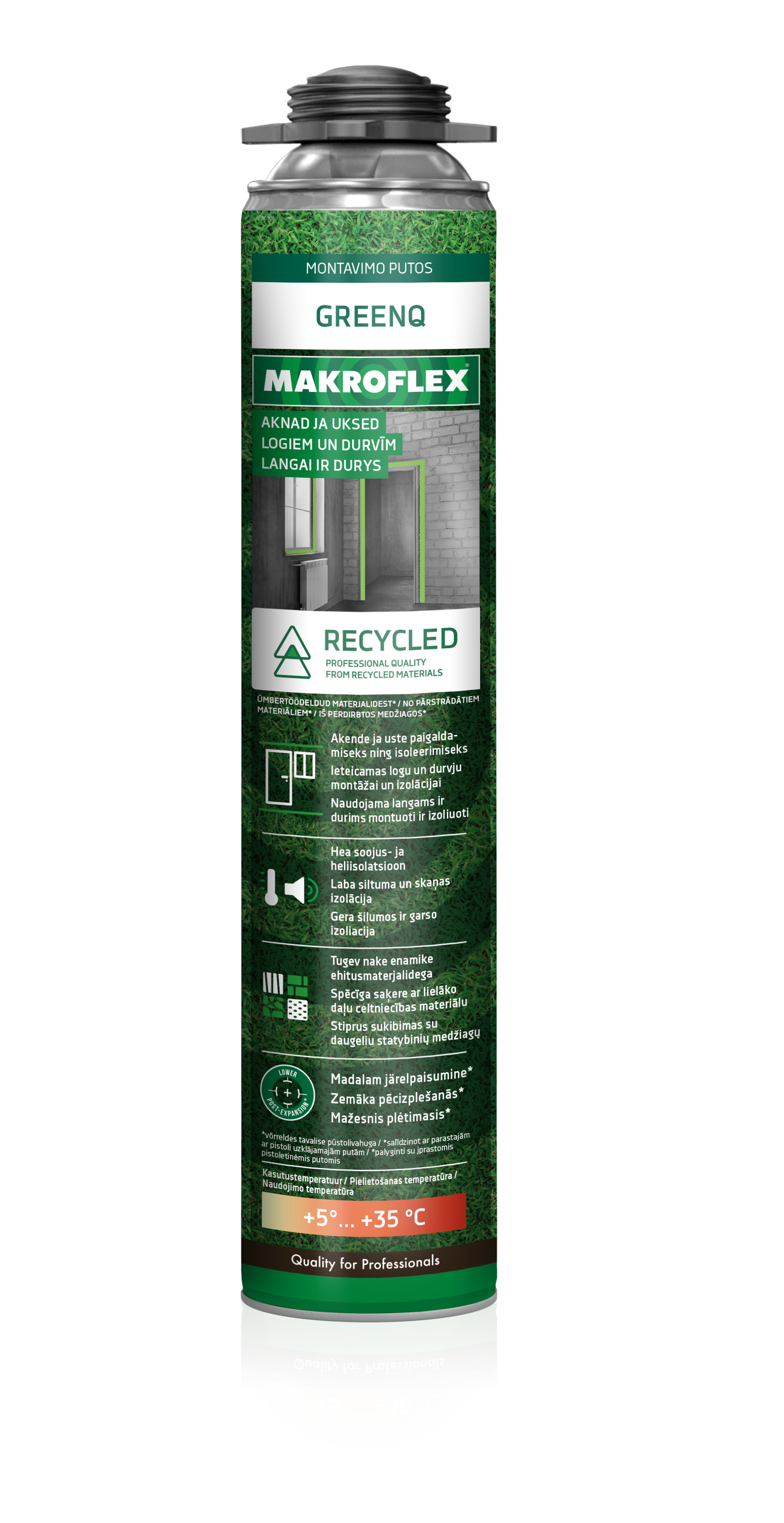 Vienkomponentės PU montavimo putos MAKROFLEX GREENQ PRO, 750 ml