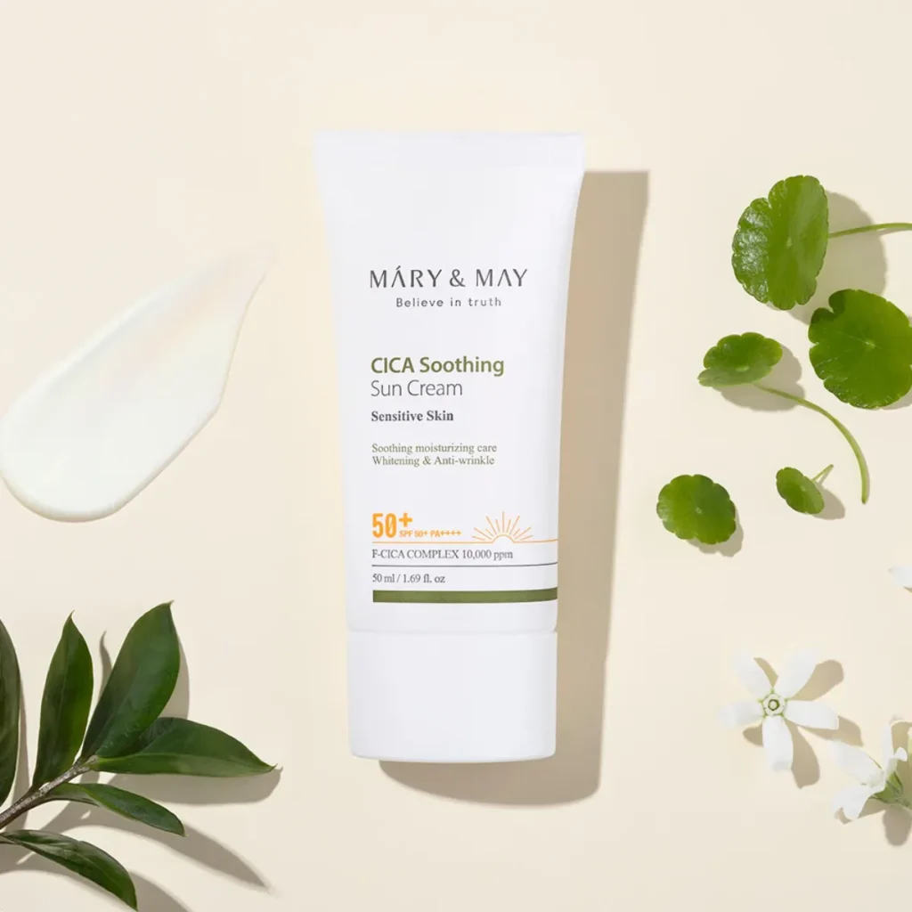 Mary&May Vegan CICA Soothing Sun Cream SPF50+ PA++++ – raminantis apsauginis kremas nuo saulės su azijine centele