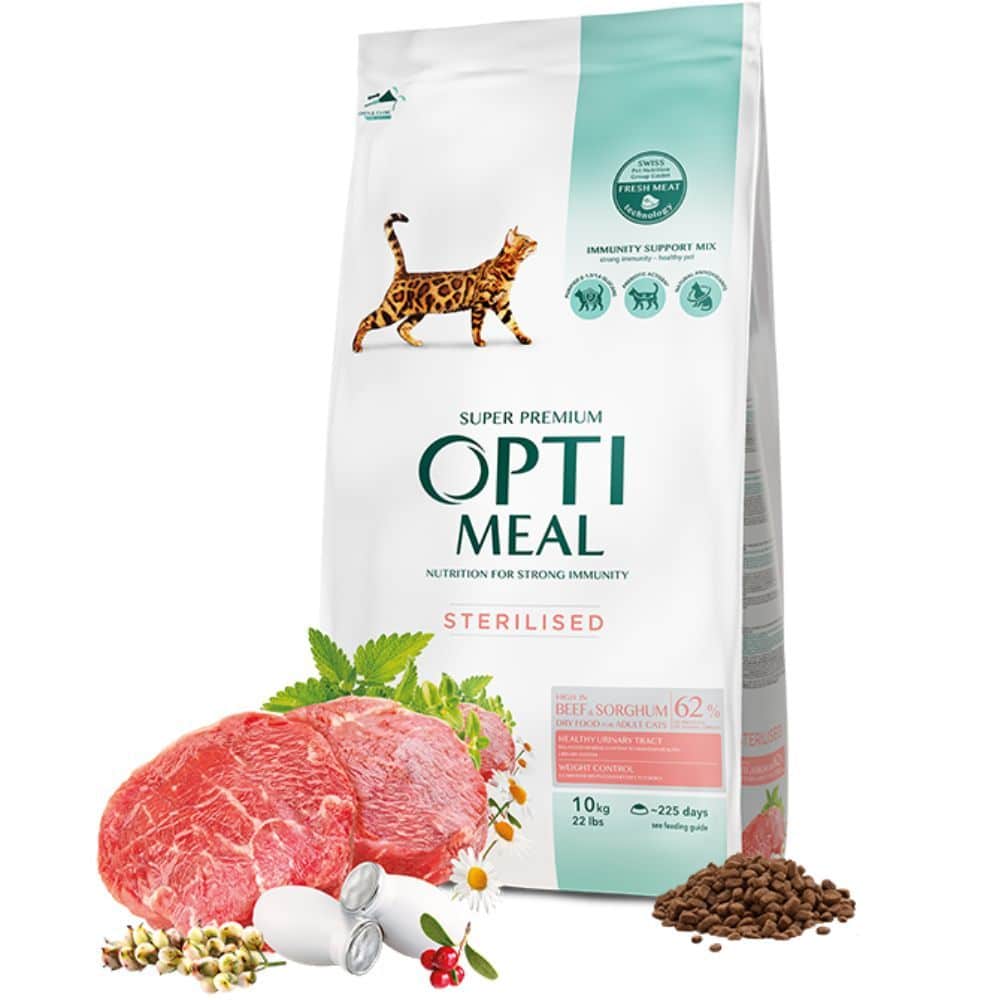 Optimeal Sterilised Beef&Sorghum sausas pašaras  sterilizuotoms katėms su jautiena ir sorgo žolelėmis 10kg