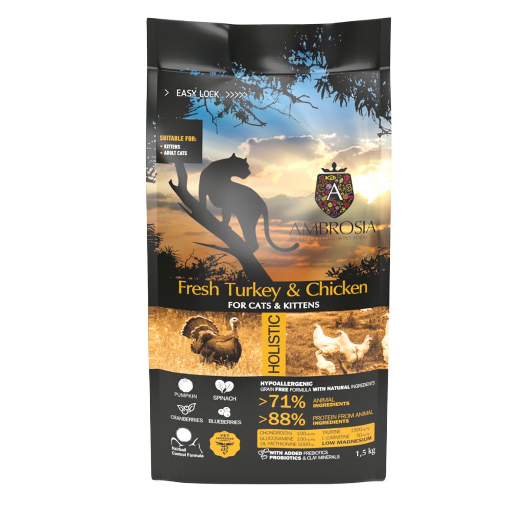 AMBROSIA grain-free Turkey & Fresh Chicken Cat&Kitten, begrūdis kalakutienos ir šviežios vištienos sausas maistas - Produkto Svoris 1.5kg