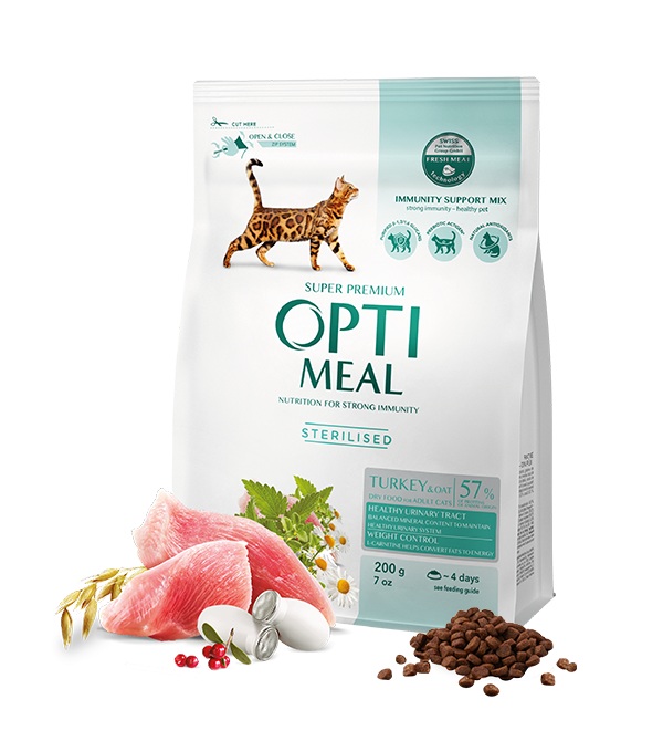 Optimeal™ Visavertis sausas maistas sterilizuotoms katėms ir kastruotiems katinams – kalakutas ir avižos 200g. - 10kg. 4 kg