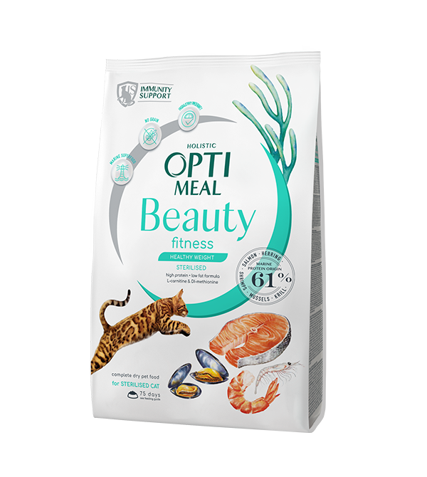 Optimeal™ BEAUTY FITNESS. SVEIKAS SVORIS. Begrūdis Visavertis pašaras visų veislių katėms. Jūrinio maisto super formulė 1,5kg - 4kg. 4 kg