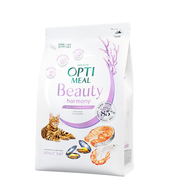 Optimeal™ BEAUTY HARMONY. ŠVELNUS RAMINANTIS POVEIKIS. Visavertis pašaras visų veislių katėms. Jūrinio maisto super formulė 1,5kg - 4kg. 4 kg