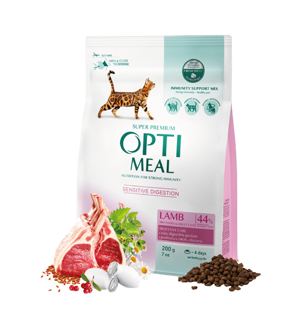 Optimeal™ Visavertis sausas maistas suaugusioms jautrio virškinimo katėms – ėriukas 4 - 10kg. 200g