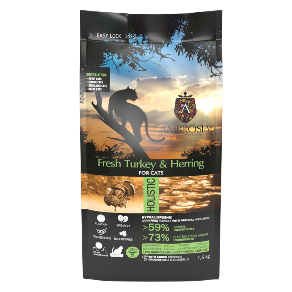 Ambrosia Sterilised Fresh Turkey & Herring - begrūdis, sterilizuotų kačių maistas su kalakutiena ir silke - Produkto Svoris 1kg (sveriamas)