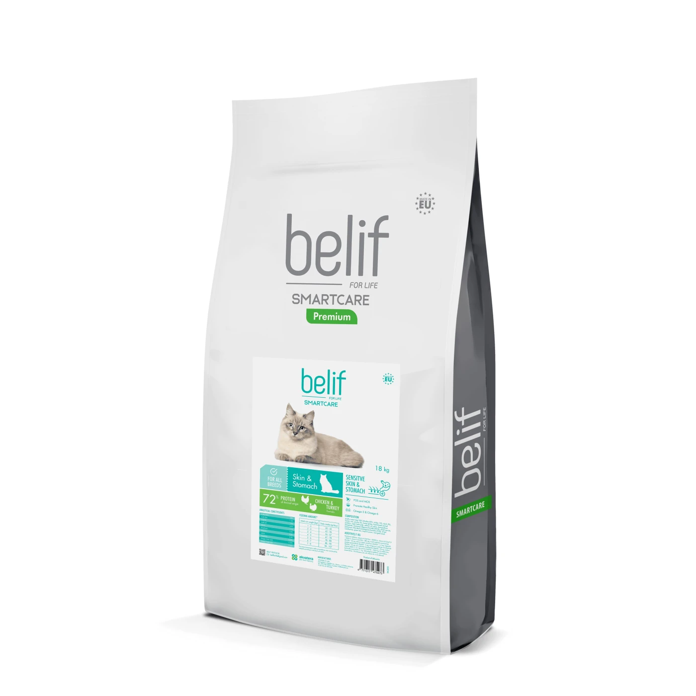 BELIF Sensitive Skin&Stomach, suaugusių visų veislių kačių pašaras su paukštiena 18 kg