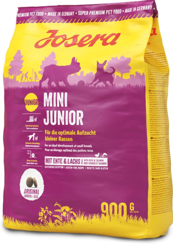 Josera MiniJunior sausas maistas mažų veislių jauniems šunims su antiena ir lašiša, 900 g