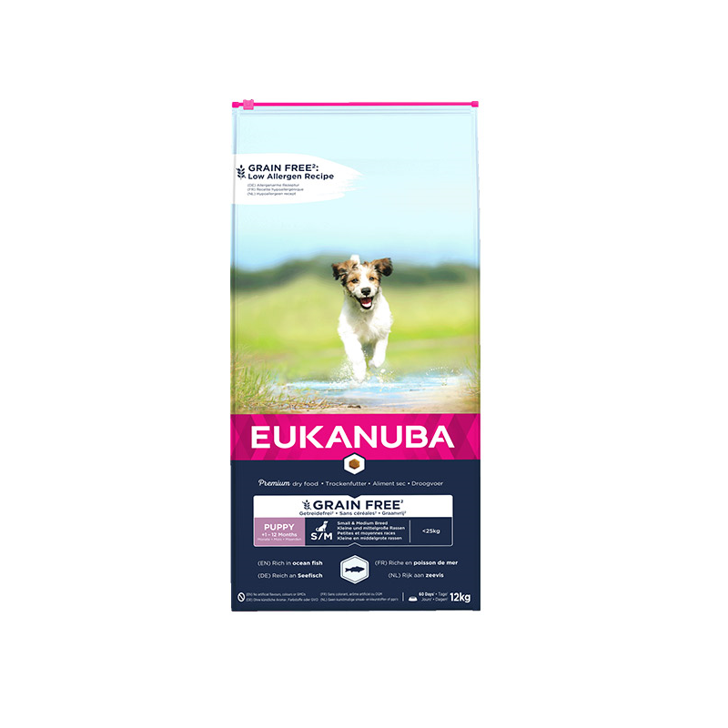 Eukanuba Grain Free Puppy S/M sausas maistas šuniukams su žuvimi, 12 kg